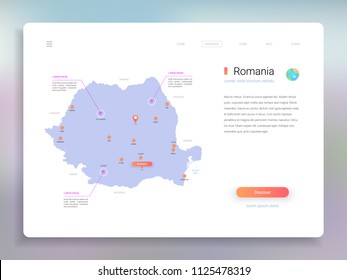 Romania map infographics vector template with cities, capital Bucharest and pointer marks.