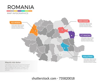 Romania map infographics vector template with regions and pointer marks