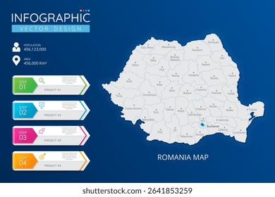 Romania map with location pointer marks. High detailed country map with division, cities and capital infographic template. Vector illustration EPS10