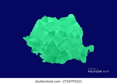 Mapa de Rumania - bajo Vector de polígono polivinílico, silueta triangulada geométrica en tonos verdes y azules, estilo moderno limpio, fondo aislado para uso infográfico.