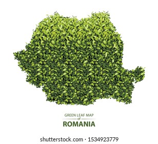 Romania map made up of green leaf on white background vector illustration of a forest is conceptual of the global green environmental issues worldwide