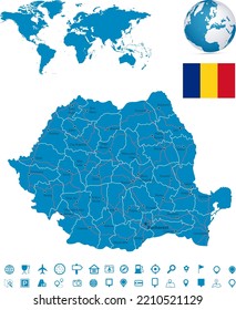 Romania map and map navigation set - Detailed map of Romania vector illustration - All elements are separated in editable layers clearly labeled.