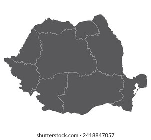 Romania map. Map of Romania in nine mains regions in grey color