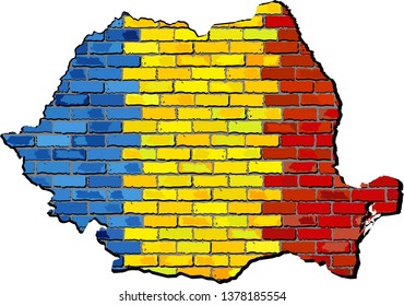 Romania map on a brick wall - Illustration, 
Romania map with flag inside