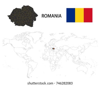 Romania map on a world map with flag on white background.