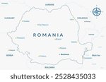 Romania map outline with main cities and neighboring countries. Blue thin line contour of Romania map