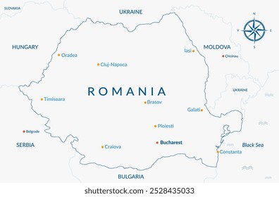 Romania map outline with main cities and neighboring countries. Blue thin line contour of Romania map