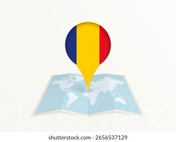 Mapa da Romênia Pin com Bandeira Nacional no Open World Map. Perfeito para uso em guias de viagem, conteúdo geográfico, conceitos de posicionamento global e temas de negócios internacionais.