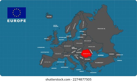 Romania Map, Romania red highlighted in EUROPE map, flat design illustration vector