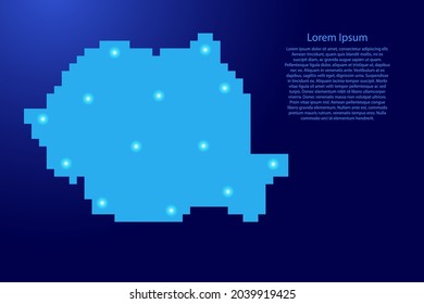 Rumania mapea la silueta desde píxeles cuadrados azules y estrellas brillantes. Ilustración vectorial.
