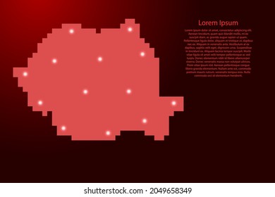 Rumänien kartiert Silhouette aus roten quadratischen Pixeln und leuchtenden Sternen. Vektorgrafik.