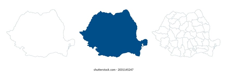 Romania map vector. High detailed vector outline, blue silhouette and administrative divisions map of Romania. All isolated on white background. Template for website, design, cover, infographics