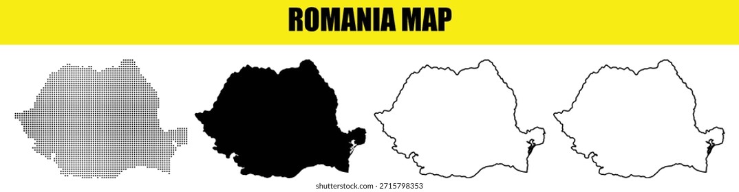 Romania Map Vetor Set Silhueta Detalhada, Padrão de Ponto e Coleção de Tópicos para Projetos de Design, Educação e Geografia