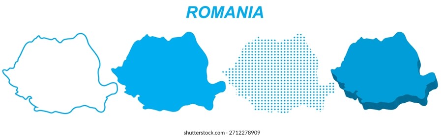 Rumania Mapa Conjunto de Vectores, Silueta de contorno europeo Formas macizas 3D punteadas, Rumania Plantilla de infografía Country, EPS editable Rumania Geografía