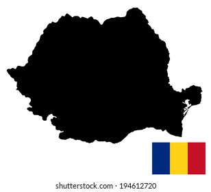 Romania map vector silhouette illustration isolated on white background. High detailed. Romania flag with map. Balkan country. State in Europe, EU member. Romania shape shadow.