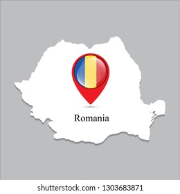 Romania map with white shadow and country name on the map. Check-in point with a national flag on a gray background.