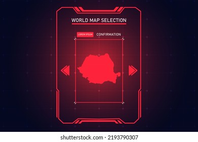 Mapa de Rumania - Mapa Mundial Plantilla vectorial Internacional con Color Rojo en el estilo de perspectiva y HUD, GUI, interfaz de interfaz de usuario aislada en el fondo negro para el diseño - Ilustración vectorial eps 10
