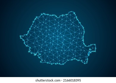 Mapa de Rumania - Línea de máscaras del Mapa Mundial y escalas de puntos sobre fondo de tecnología azul. Malla 3D del marco de cables línea de red poligonal, esfera de diseño, punto y estructura - Ilustración vectorial eps 10