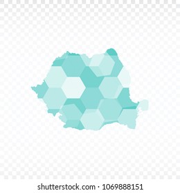 Romania map-Polygonal map is made of colorful hexagons using the gradient method. On a plain background. Vector illustration eps 10.