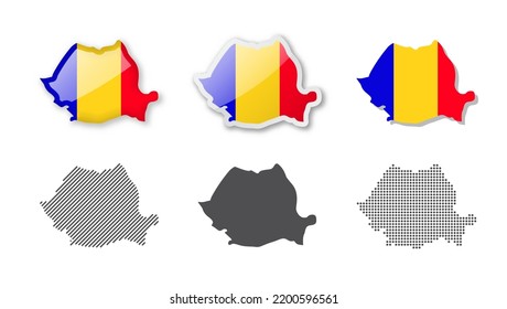 Rumania - Colección de mapas. Seis mapas de diferentes diseños. Conjunto de ilustraciones vectoriales
