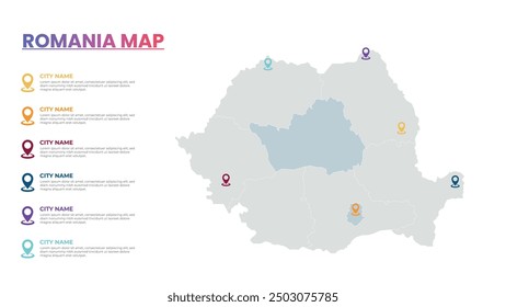 Romania Modern Map Infographic Template, Detailed infographic map of Romania Popular City