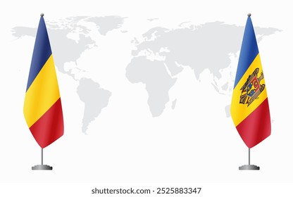 Romania and Moldova flags for official meeting against background of world map.