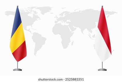 Romania and Monaco flags for official meeting against background of world map.