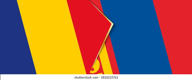 Romania and Mongolia flags, two vector flags symbol of relationship or confrontation.