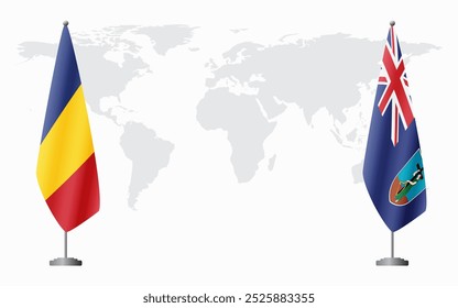 Romania and Montserrat flags for official meeting against background of world map.