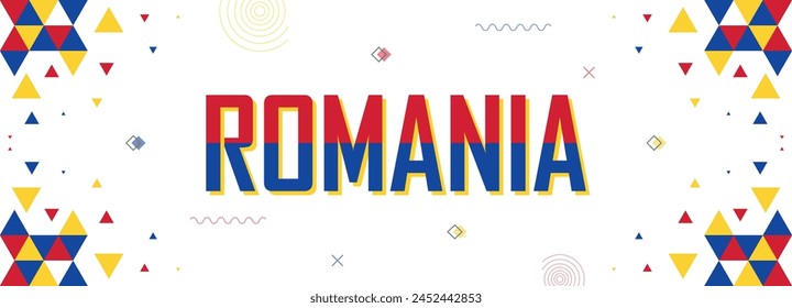 Romania nation banner abstract background, flag colors combination, suitable for national celebrations and festivals, red, blue and yellow color geometric pattern design with shapes