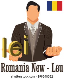 Romania national currency symbol Romanian leu representing money and Flag. Vector design concept of businessman in suit with his open hand over with currency isolated on white background in EPS10.