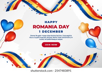 Romania National Day Background with Realistic Flag Ribbon, Confetti and Balloons. Romania Great Union Holiday, 1 December 