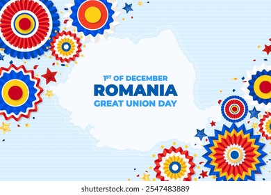 Banner do Dia Nacional da Romênia, 1 de dezembro. Fundo feliz do dia da independência da Romênia com mapa, papel rosette e confete