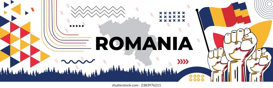 Romania national day banner with map, flag colors theme background and geometric abstract retro modern black yellow blue red design. abstract modern design.