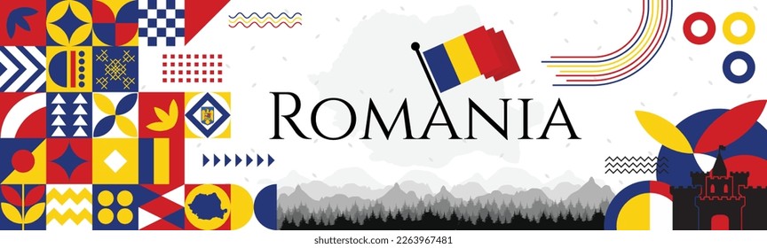 Romania National day celebration abstract banner design with flag and map. Flag color theme geometric pattern retro modern Illustration design. Blue, yellow and red color template.