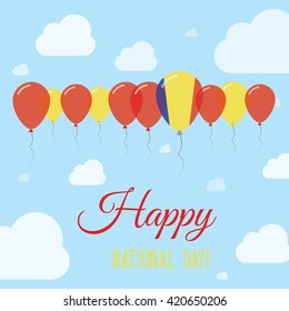 Romania National Day Flat Patriotic Poster. Row of Balloons in Colors of the Romanian flag. Happy National Day Romania Card with Flags, Balloons, Clouds and Sky.
