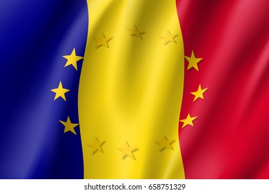 Romania national flag with a circle of European Union twelve gold stars, ideals of unity with EU, member since 1 January 2007. Realistic vector style illustration