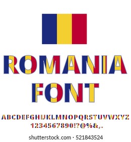 Romania National flag flat stylized Font. Alphabet and Numbers in Vector Set