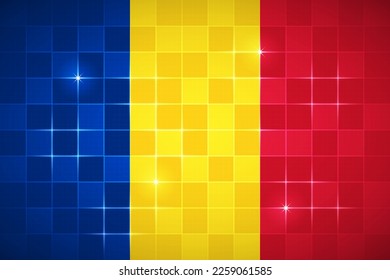 Romania National Flag Rectangle 3:2 Official Ratio Chessboard Digital Neon Grid Square Brick Design Backdrop Background