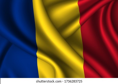 Romania national flag of silk. Vector fabric texture