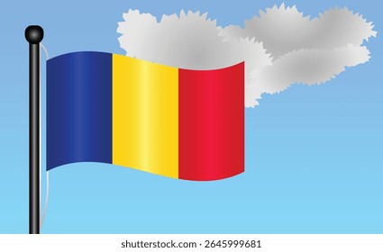 Romania national flag waving against a bright blue sky. representing national pride, unity, and heritage in Europe with its vibrant colors and iconic design. Patriotic symbol of identity or pride