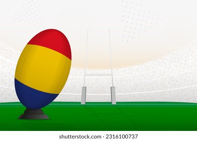 Romania national team rugby ball on rugby stadium and goal posts, preparing for a penalty or free kick. Vector illustration.