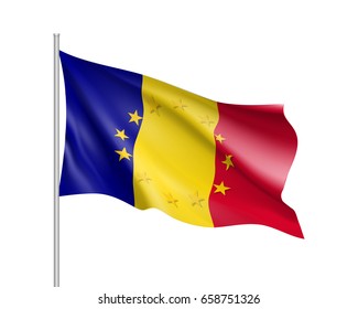 Romania national waving flag with a circle of European Union twelve gold stars, ideals of unity with EU, member since 1 January 2007. Realistic vector illustration