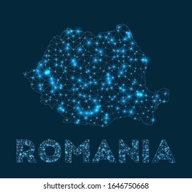 Netzwerkkarte für Rumänien. Abstrakte geometrische Karte des Landes. Internetanschlüsse und Telekommunikation. Tolle Vektorillustration-Illustration.