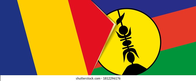 Romania and New Caledonia flags, two vector flags symbol of relationship or confrontation.
