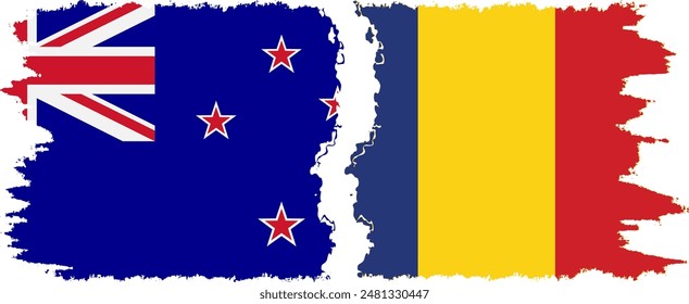 Romania and New Zealand grunge flags connection, vector