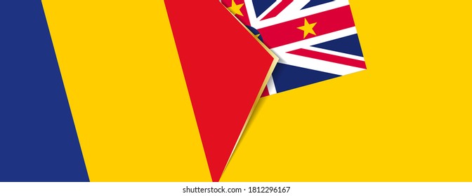Romania and Niue flags, two vector flags symbol of relationship or confrontation.