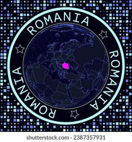 Romania on globe vector. Futuristic satelite view of the world centered to Romania. Geographical illustration with shape of country and squares background. Bright neon colors on dark background.