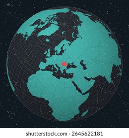 Roemenië op de wereldbol. Vintage look met grunge krassen textuur. Landbeeld op wereldkaart in Dark Charcoal Turquoise kleurenpalet. Roemenië vorm op kaart. Globe met meridianen en parallellen.