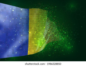 Romania, on vector 3d flag on green background with polygons and data numbers